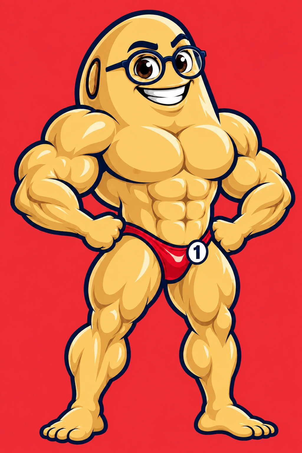 Jack D. Soybean, an absurdly muscular golden cartoon soybean in red bodybuilding trunks and round navy glasses