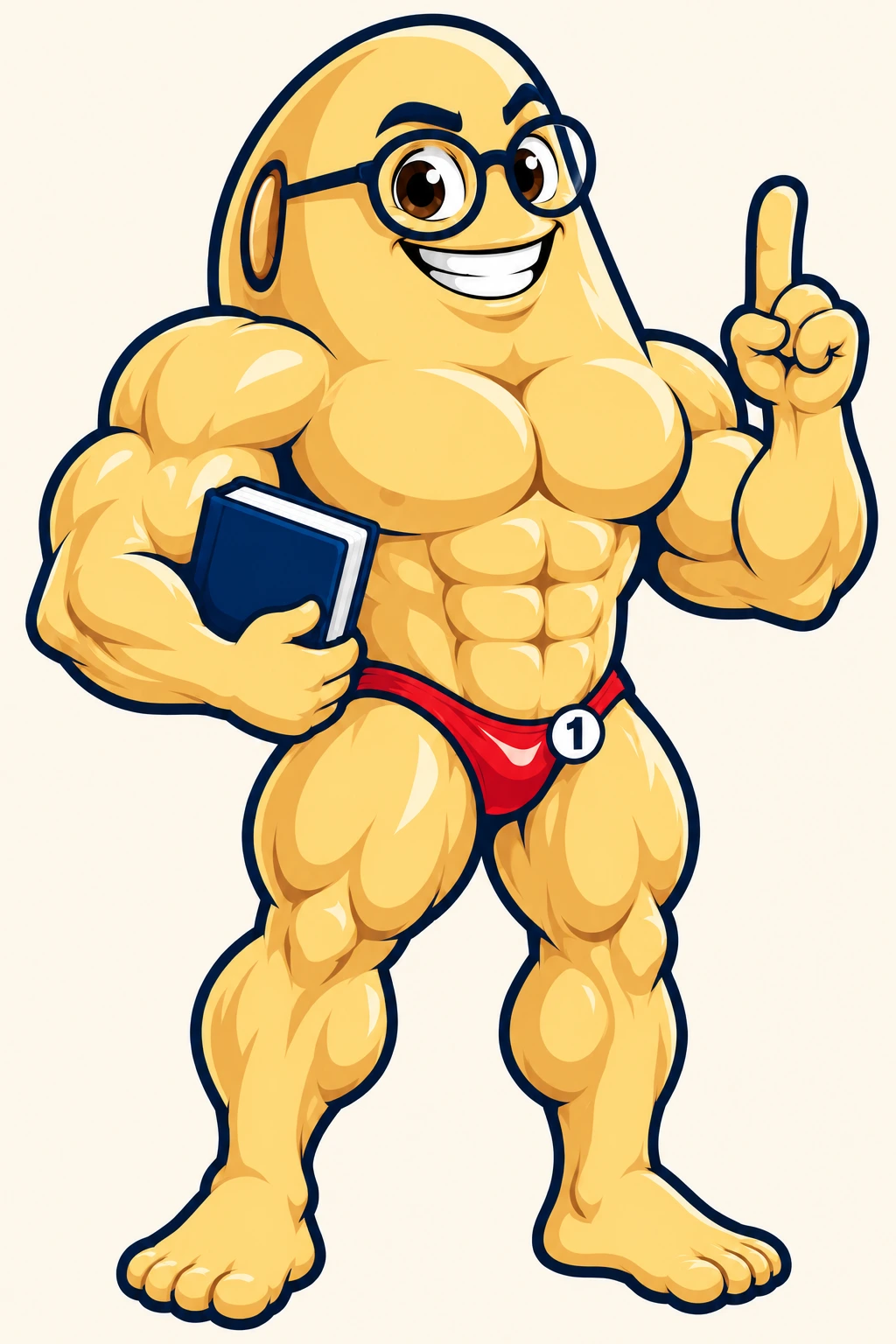 Jack D. Soybean wearing round navy glasses, holding a book, and raising a finger to teach a lesson