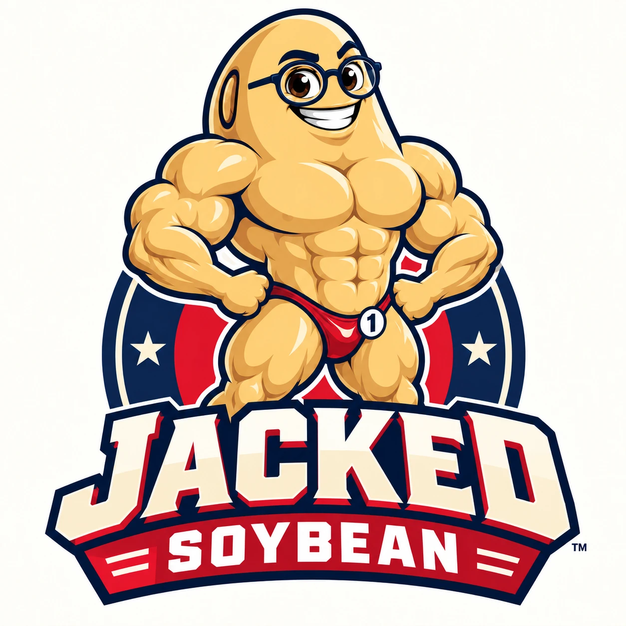 Jacked Soybean mascot logo with Jack wearing round navy glasses