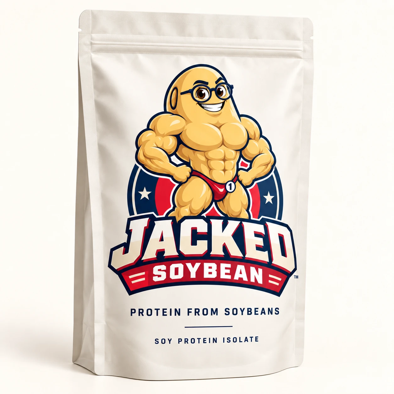 Jacked Soybean protein pouch packaging concept with Jack wearing round navy glasses, original golden colors, and red and navy lettering